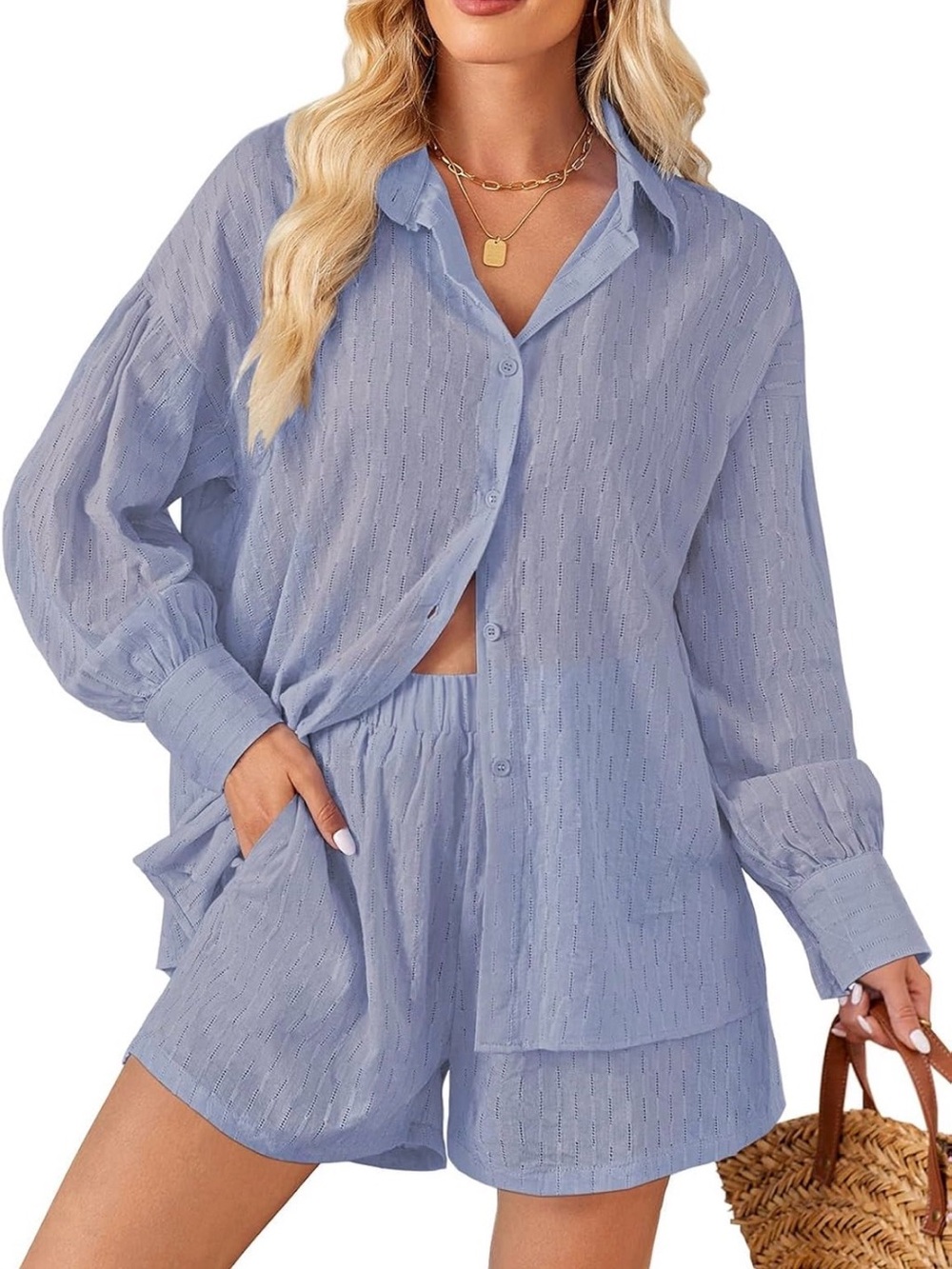 Light Blue Women's Two-Piece Lounge Set - Button Shirt & Shorts